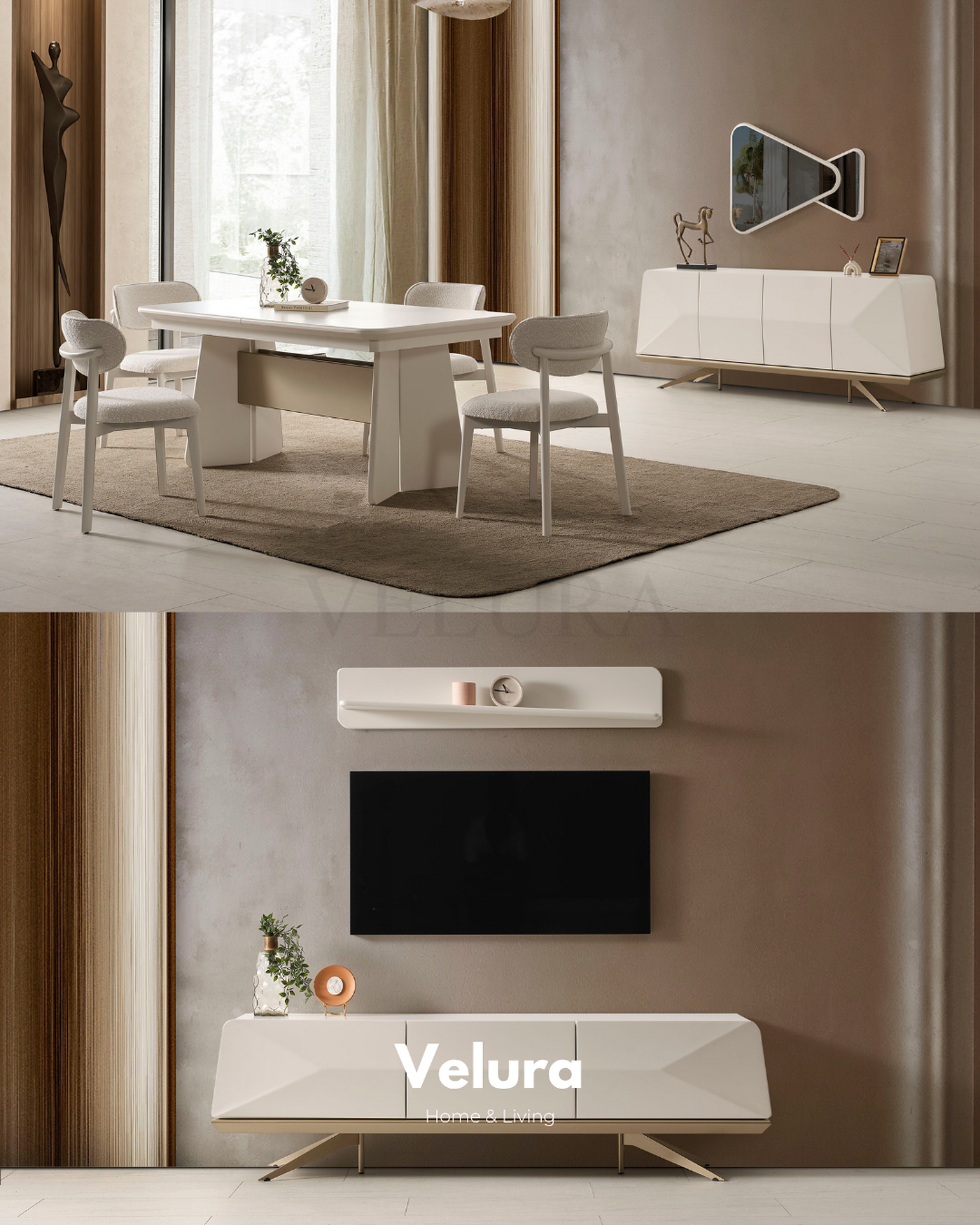 Vakko Yemek Masası Gold krem ve mat gold detaylı açılabilir masa