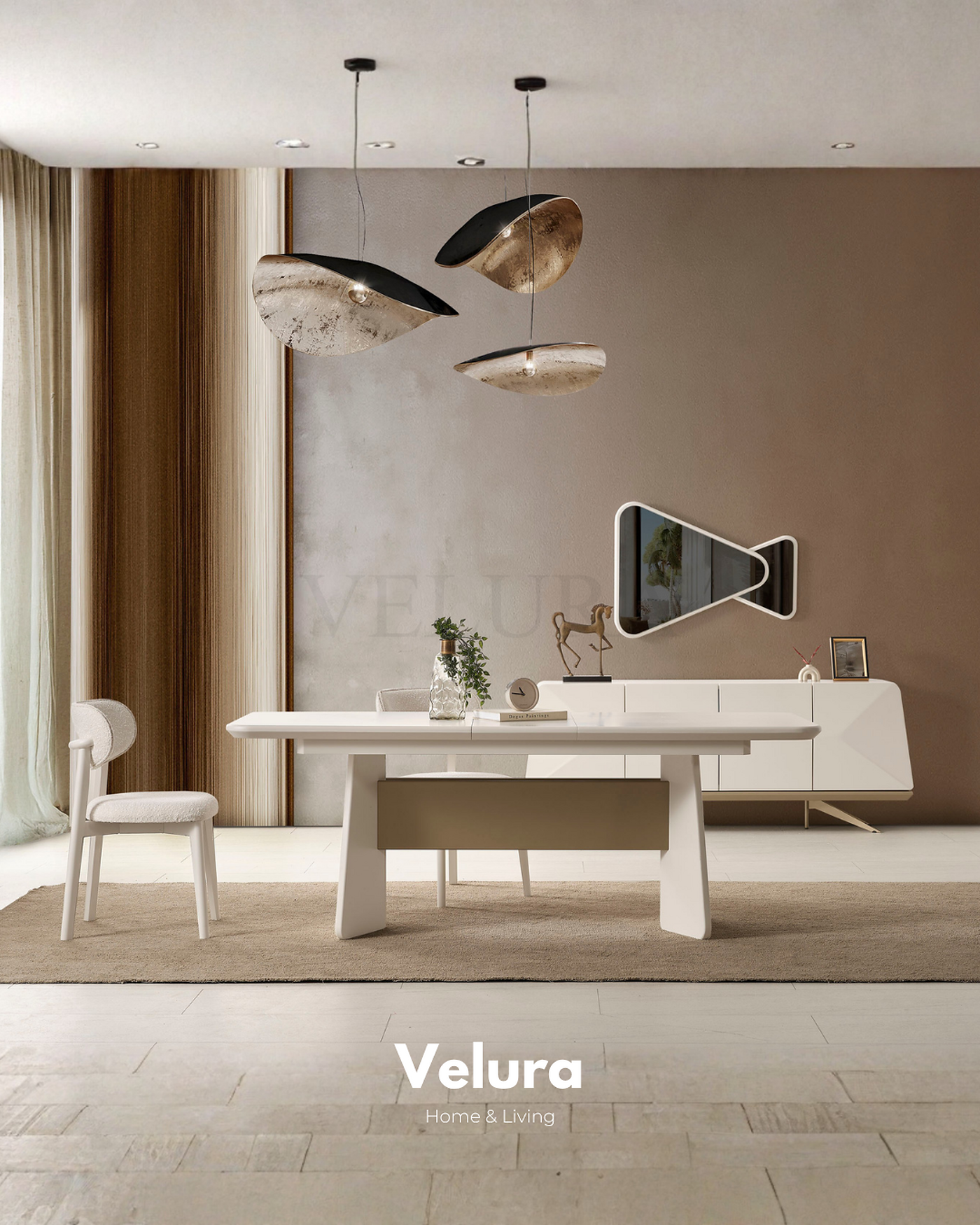 Vakko Yemek Masası Gold krem ve mat gold detaylı açılabilir masa