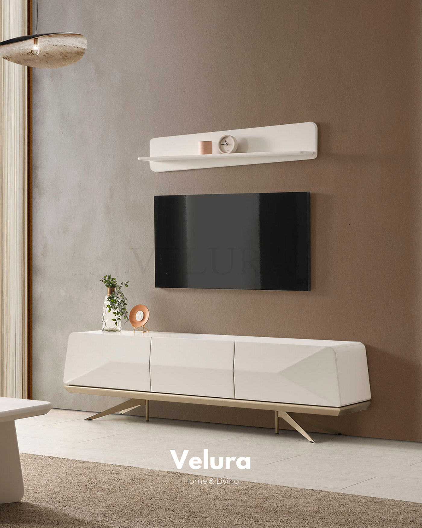 Vakko Tv Ünitesi Gold krem ve mat gold detaylı modern tv ünitesi