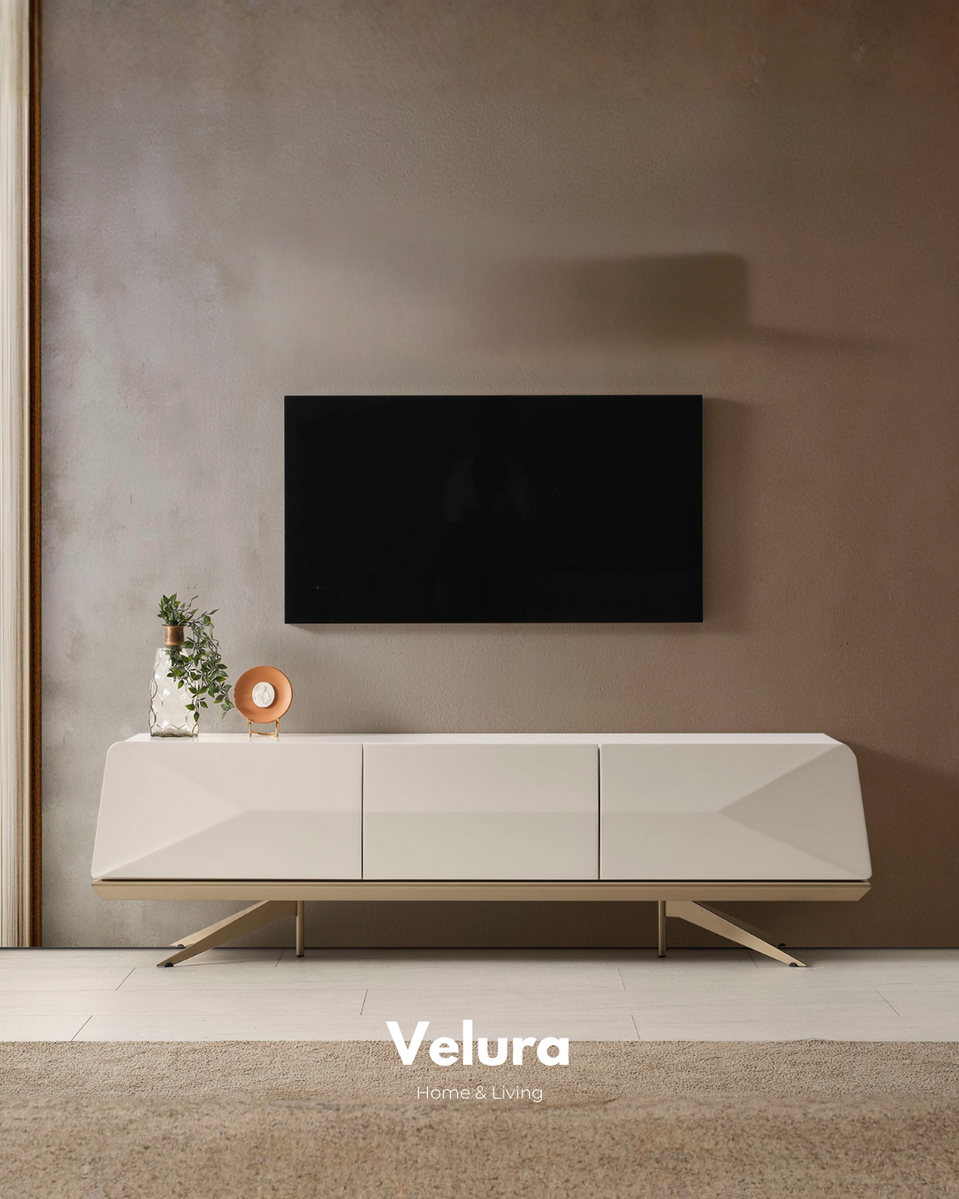 Vakko Tv Ünitesi Gold krem ve mat gold detaylı modern tv ünitesi