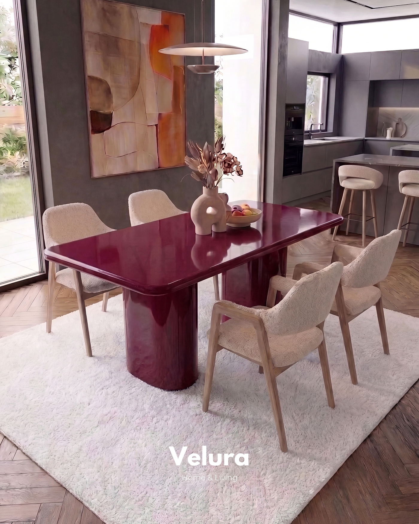 Vel Yemek Masası bordo MDF tabla ve fiberglas ayak tasarımı