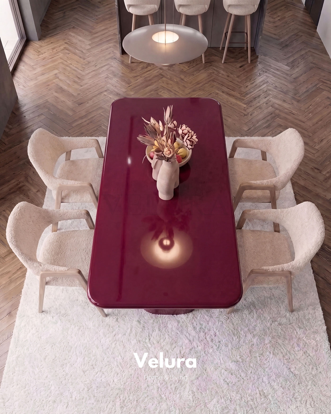 Vel Yemek Masası bordo MDF tabla ve fiberglas ayak tasarımı