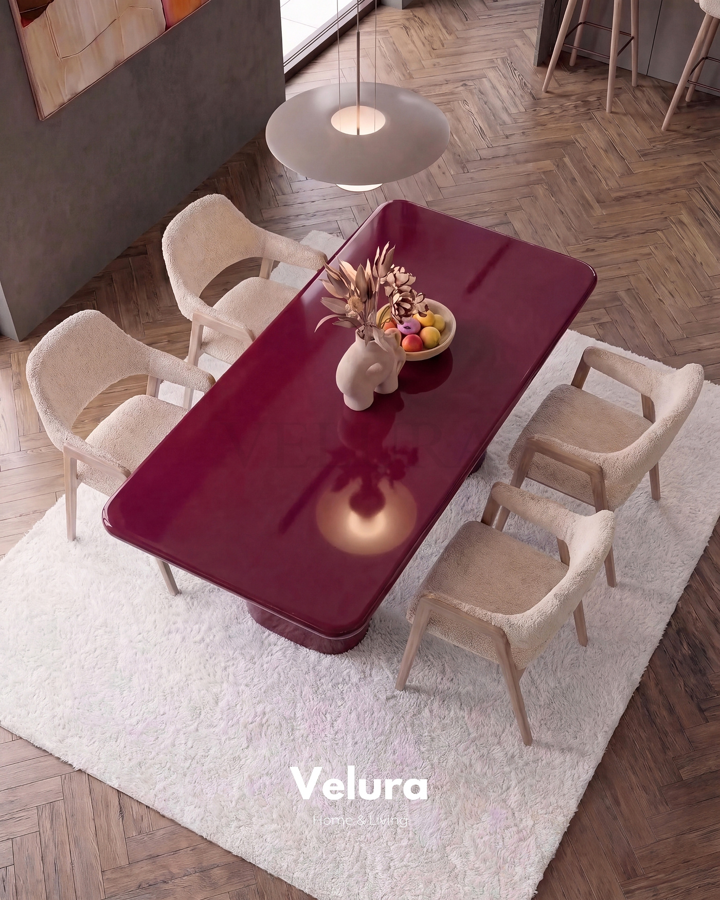 Vel Yemek Masası bordo MDF tabla ve fiberglas ayak tasarımı