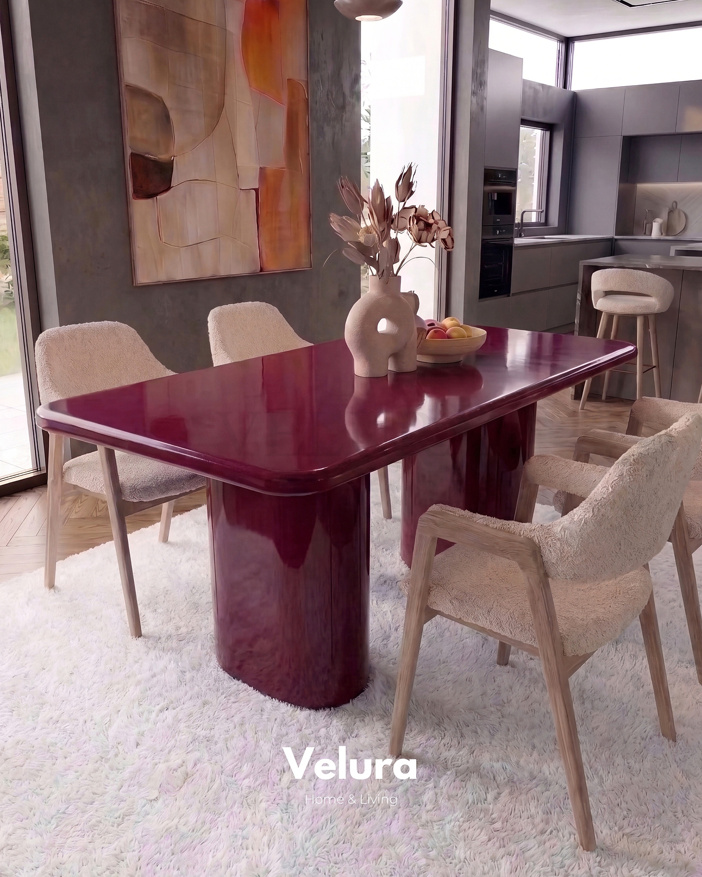 Vel Yemek Masası bordo MDF tabla ve fiberglas ayak tasarımı