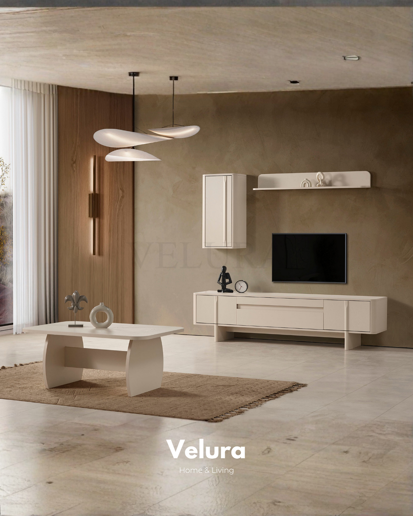 Yerden yüksek Eylül Tv Ünitesi Krem salon mobilyası