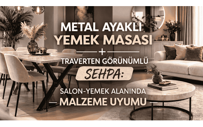 Metal Ayaklı Yemek Masası + traverten görünümlü Sehpa: Salon-yemek alanında malzeme uyumu