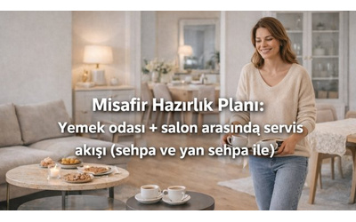 Misafir Hazırlık Planı: Yemek odası + salon arasında servis akışı (sehpa ve yan sehpa ile)