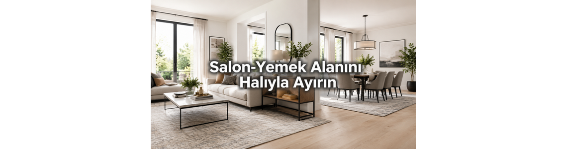 Pinterest Evleri: Salon-yemek alanını halıyla bölgeleme ile ayırın (koltuk + sehpa + konsol)