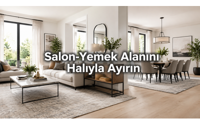 Pinterest Evleri: Salon-yemek alanını halıyla bölgeleme ile ayırın (koltuk + sehpa + konsol)