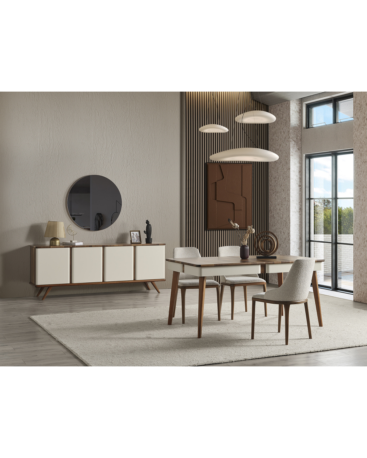 Safir Konsol Modelleri Ceviz ve krem renk uyumlu 4 kapaklı konsol