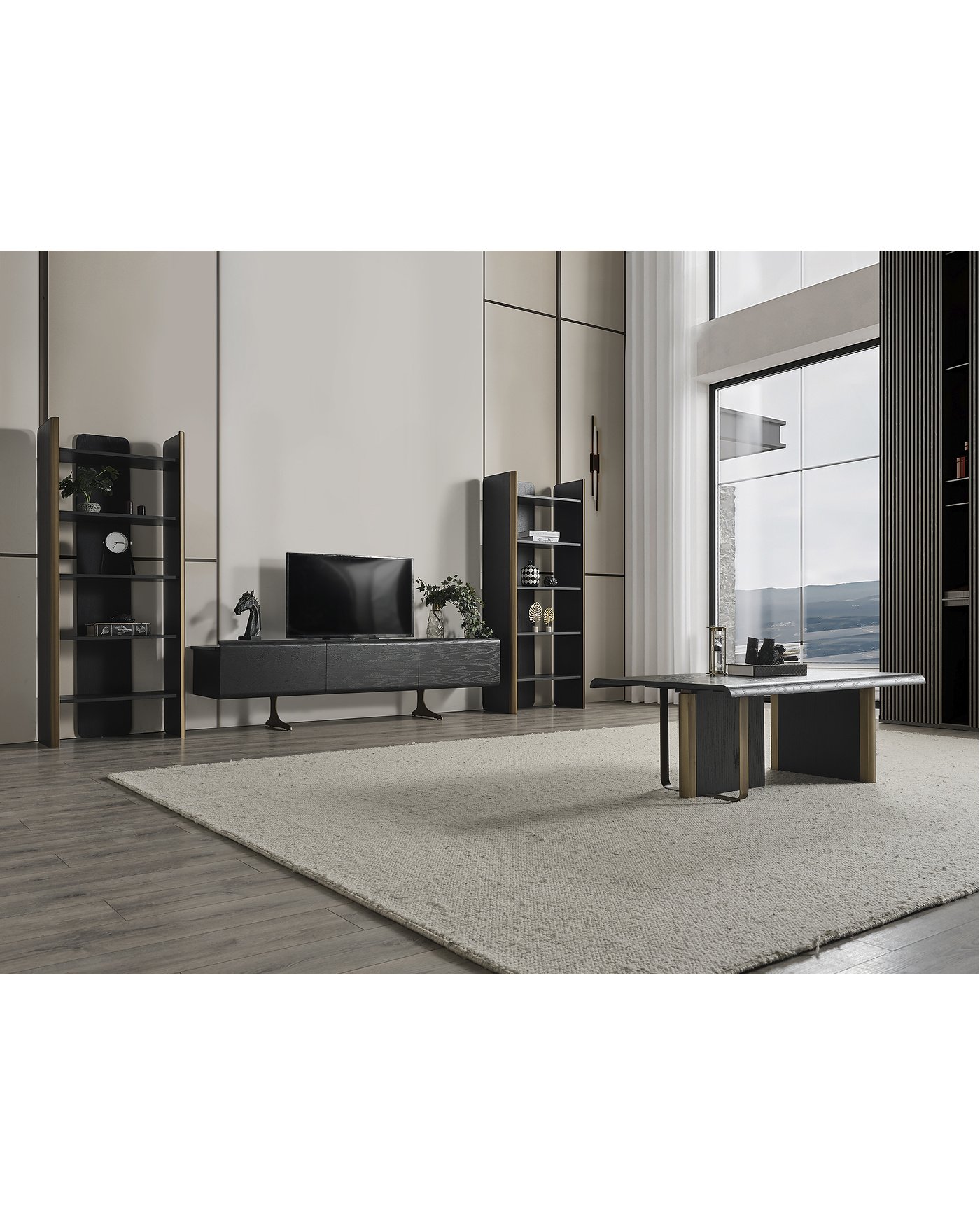 Antrasit renkli modern Alaca TV Ünitesi – ahşap detaylı