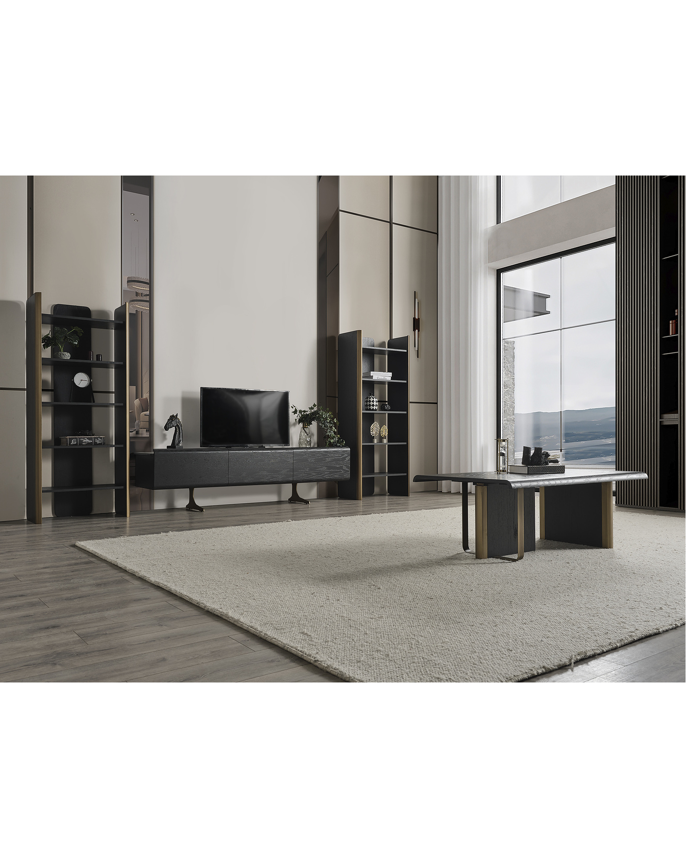 Antrasit renkli modern Alaca TV Ünitesi – ahşap detaylı