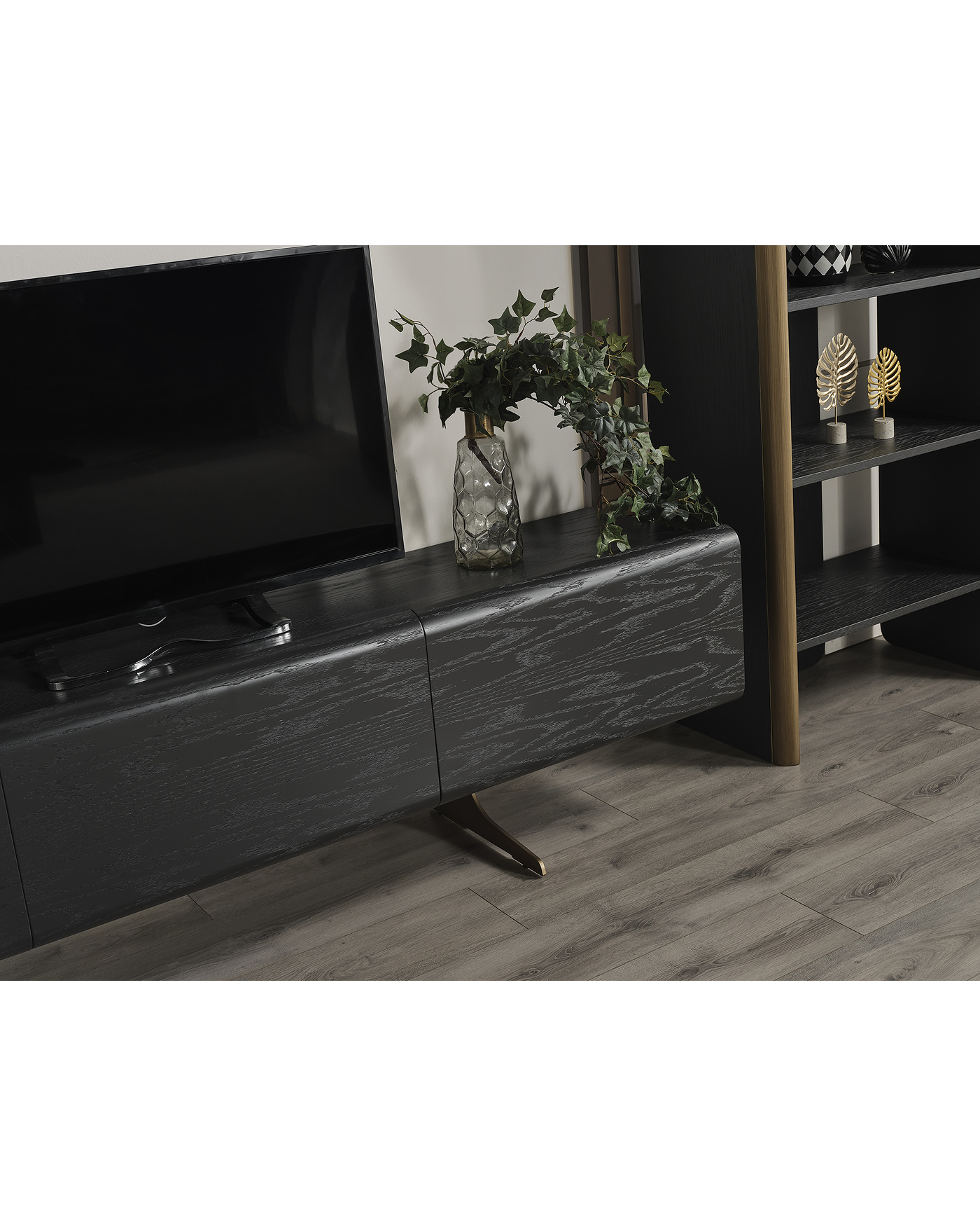 Antrasit renkli modern Alaca TV Ünitesi – ahşap detaylı