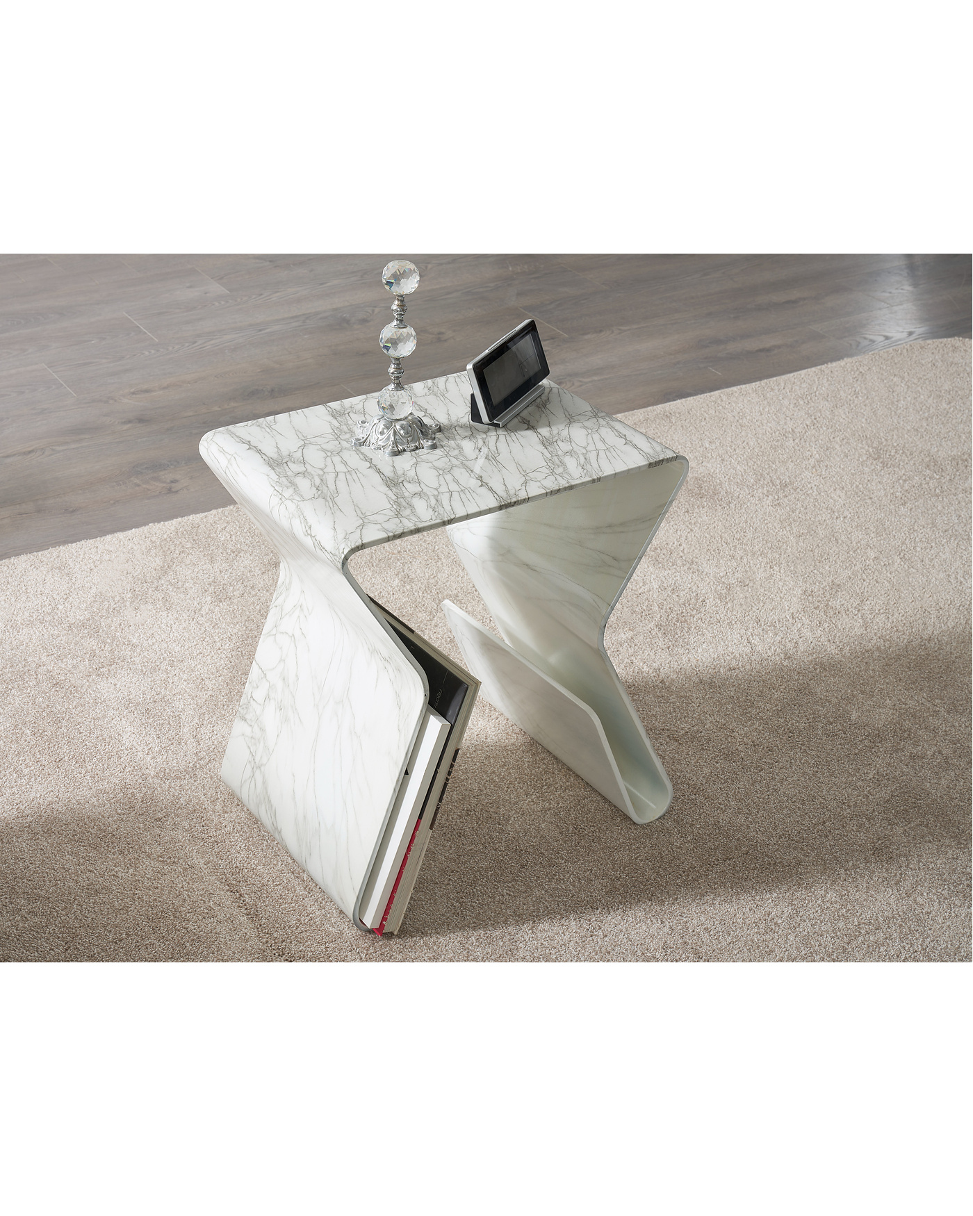Pekin Yan Sehpa - Mermer Desenli Kitap Raflı Velura Home Pekin Yan Sehpa Modeli
