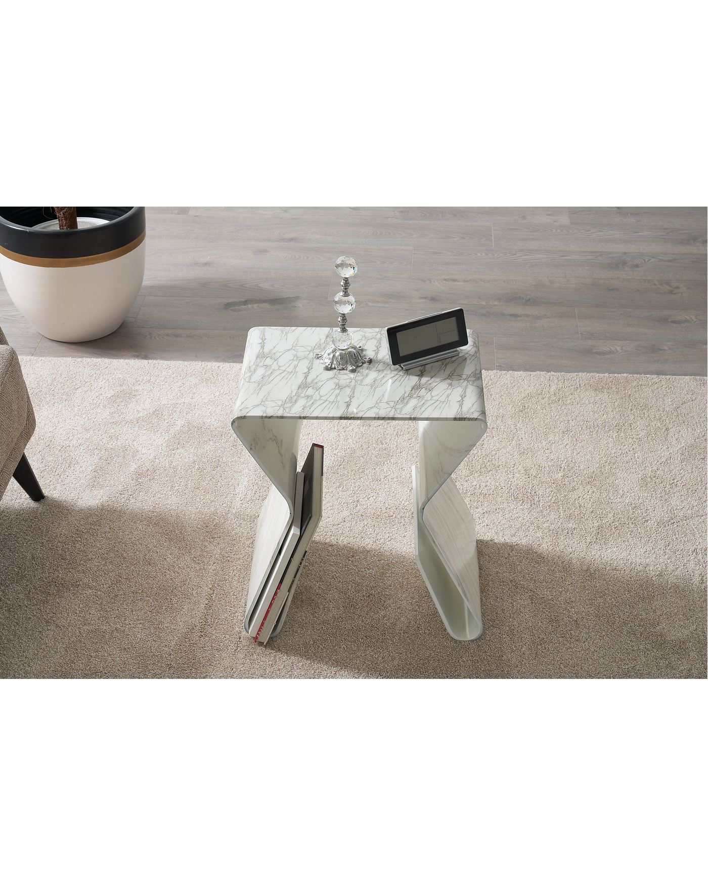 Pekin Yan Sehpa - Mermer Desenli Kitap Raflı Velura Home Pekin Yan Sehpa Modeli