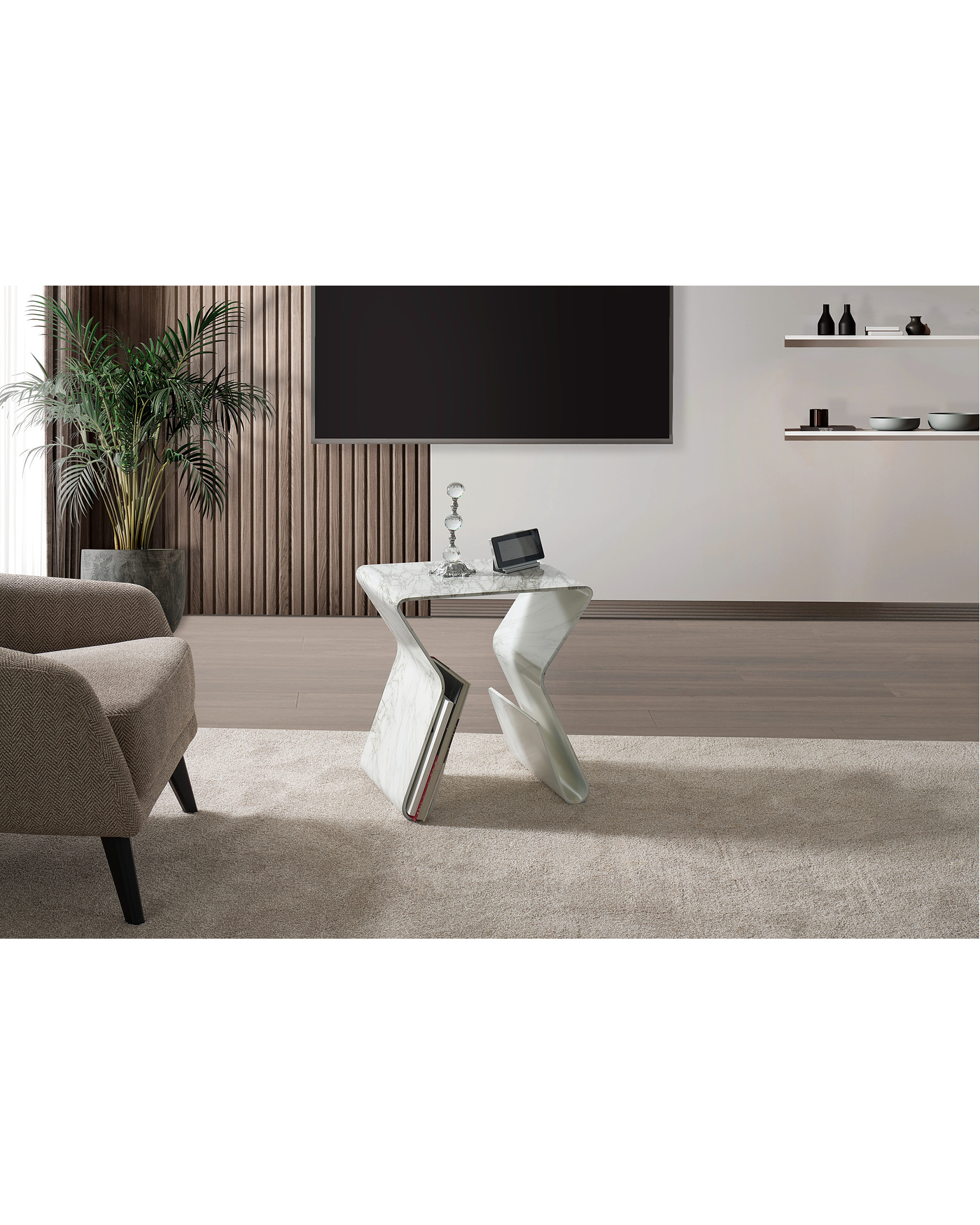 Pekin Yan Sehpa - Mermer Desenli Kitap Raflı Velura Home Pekin Yan Sehpa Modeli