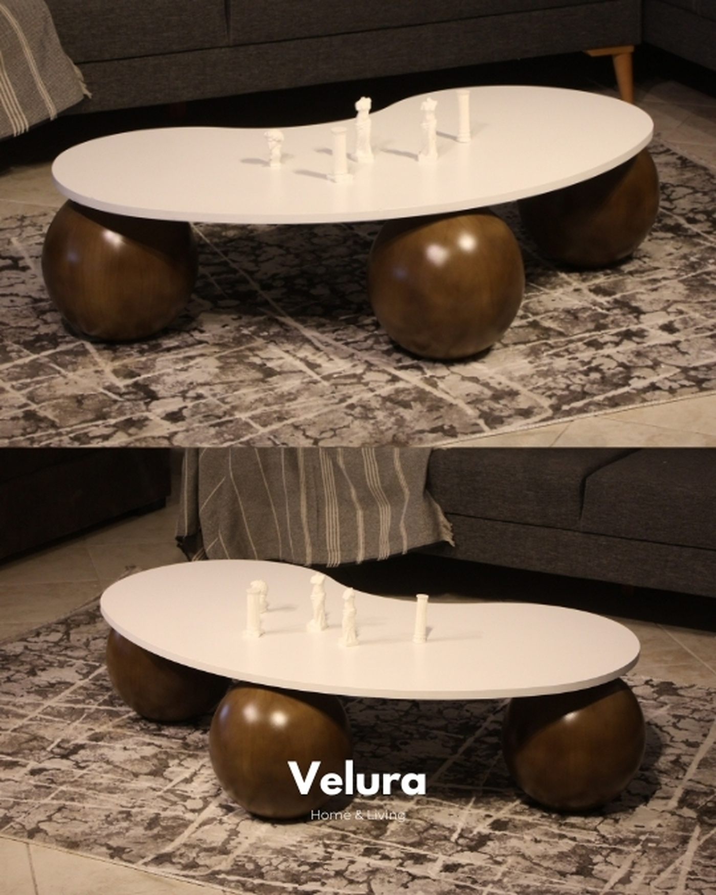 Velura Home Ceviz Beyaz Orta Sehpa Fasülye form beyaz üst tablalı ceviz ayaklı sehpa