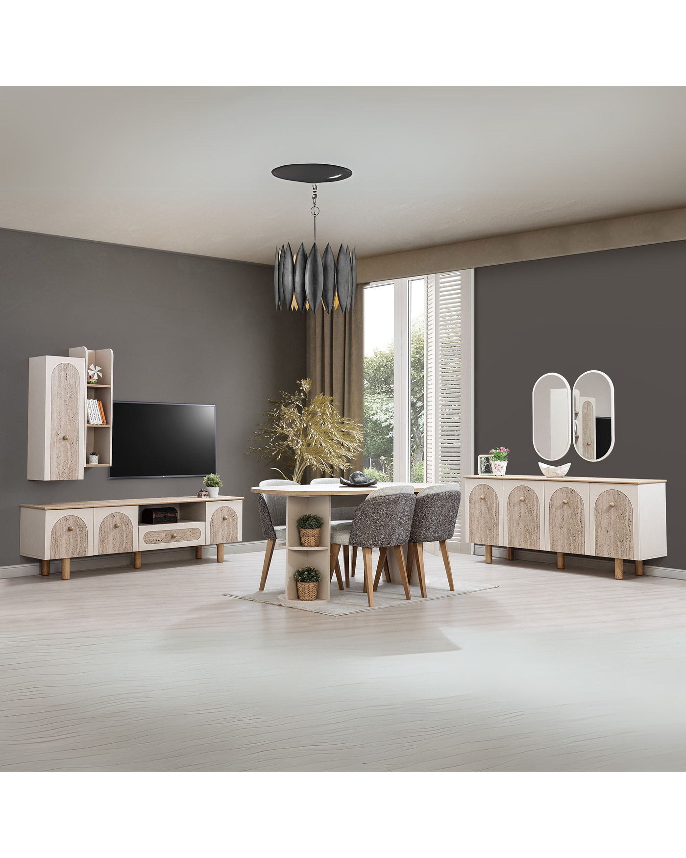 Eris Yemek Takımı - Modern Krem ve Ahşap Tasarım Modern açılabilir yemek masası ve konsol