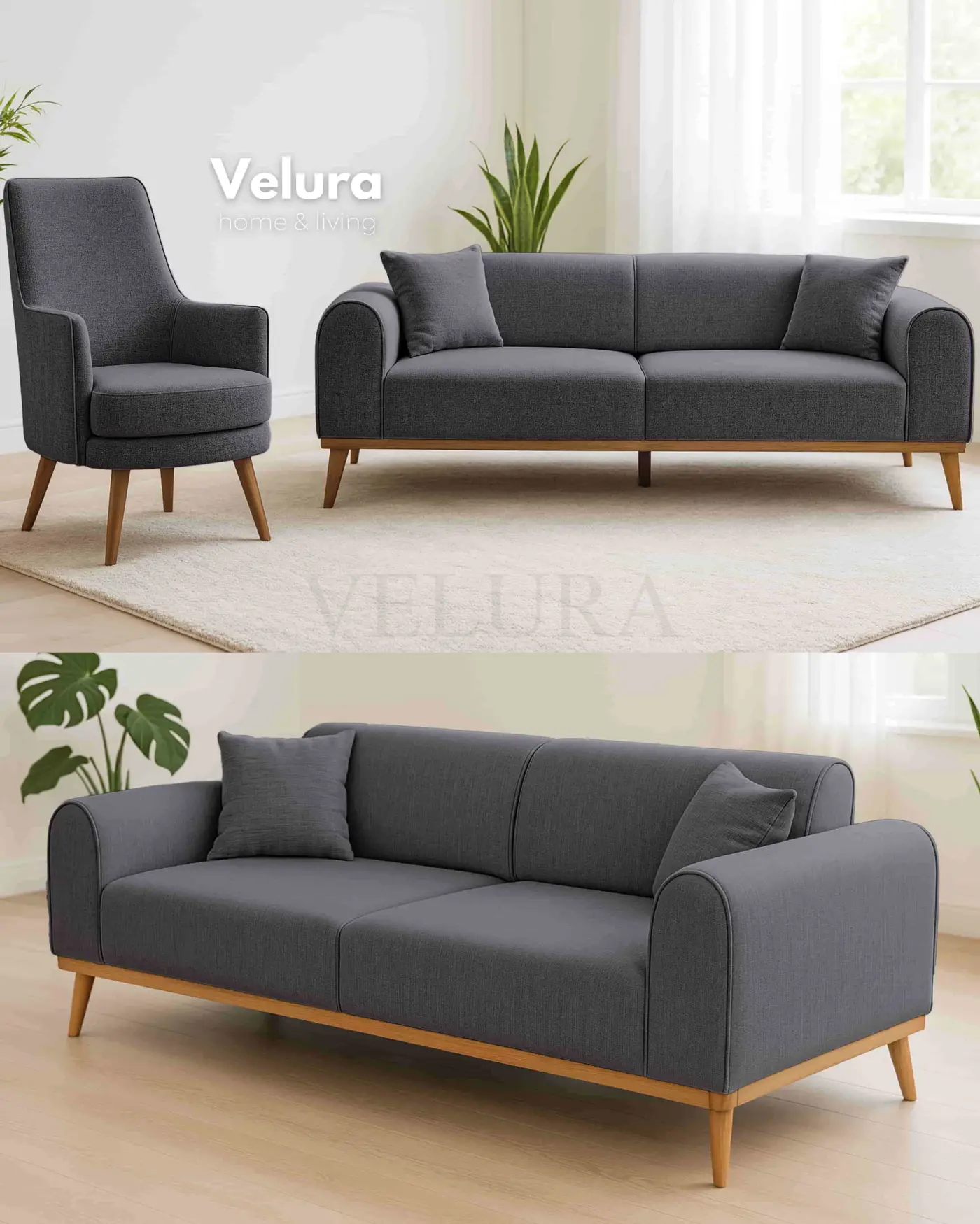 Valo Açık Antrasit Koltuk Takımı – Velura Home Valo Açık Antrasit koltuk takımı – modern sade tasarım