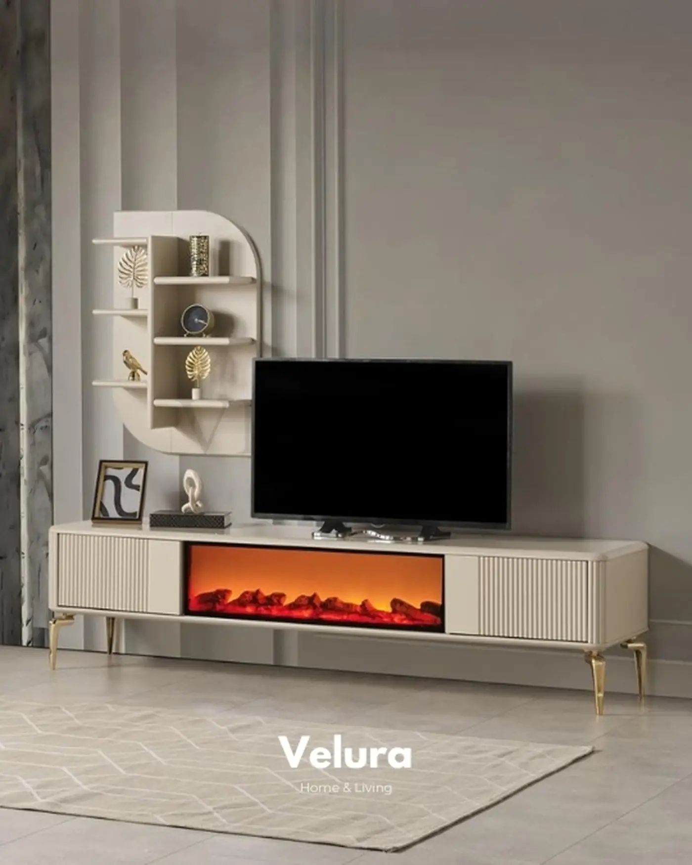 Yerden Yüksek Lüks TV Ünitesi Venti Gold TV Ünitesi - Şömineli ve Gold Detaylı