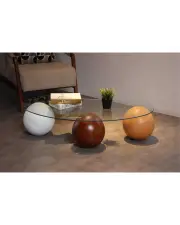 Küre Orta Sehpa - 1 Beyaz Top & 1 Ceviz Top & 1 Meşe Top - Fasulye - Şeffaf Cam