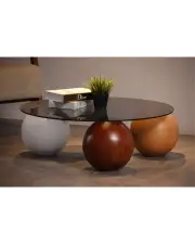 Küre Orta Sehpa - 1 Beyaz Top & 1 Ceviz Top & 1 Meşe Top - Yuvarlak - Füme Cam