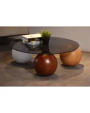 Küre Orta Sehpa - 1 Beyaz Top & 1 Ceviz Top & 1 Meşe Top - Yuvarlak - Füme Cam