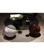 Küre Orta Sehpa - 1 Siyah Top & 1 Beyaz Top & 1 Ceviz Top - Yuvarlak - Füme Cam