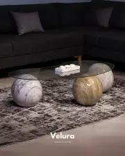 Küre Orta Sehpa - 1 Traverten Desen & 1 Mermer Desen & 1 Pleks Mermer - Fasulye - Şeffaf Cam