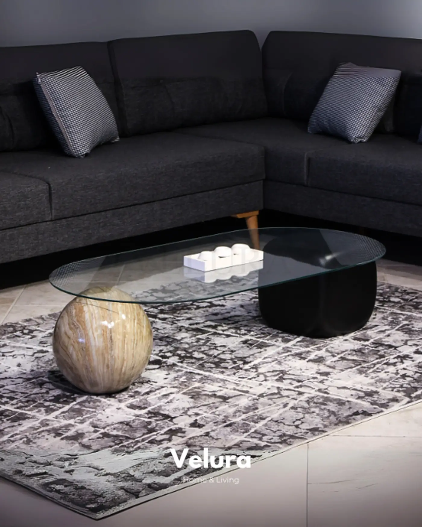 Küre Orta Sehpa - Traverten ve Siyah Zar - Oval Cam Velura Home traverten ve siyah detaylı oval sehpa