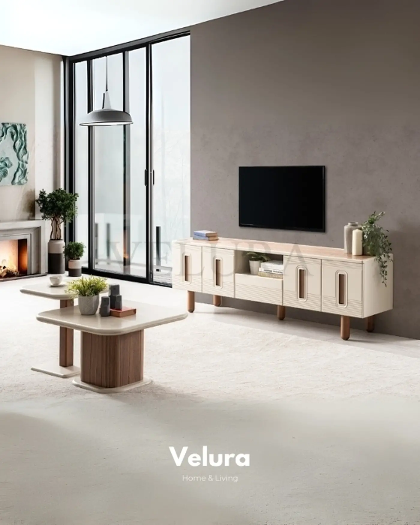Asya Orta Sehpa - Velura Home Ceviz Ayaklı Krem Üst Tablalı Orta Sehpa