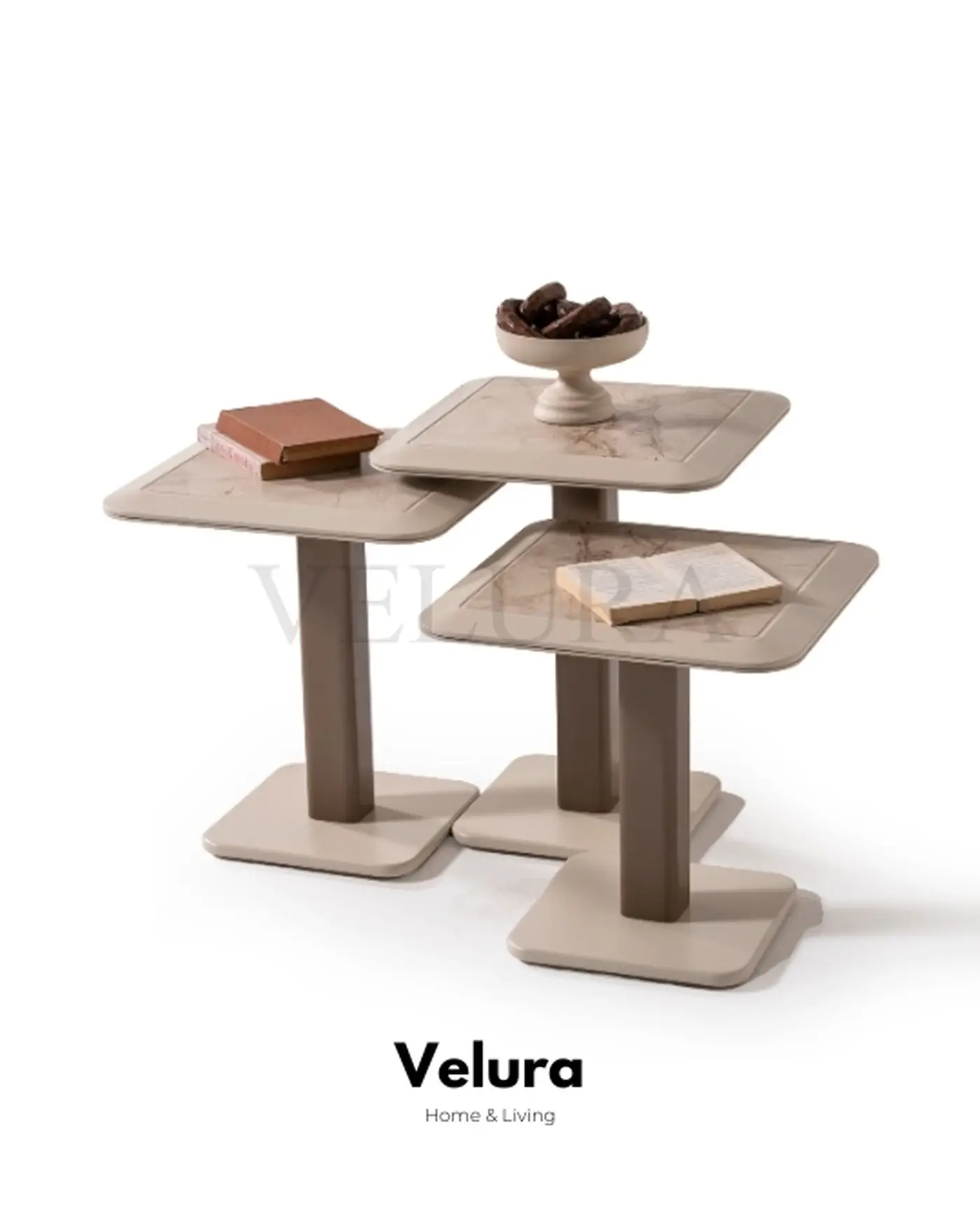 Petra Yan Sehpa Üçlü Set | Velura Home Mermer Desenli Krem Tonlu Yan Sehpa Modelleri
