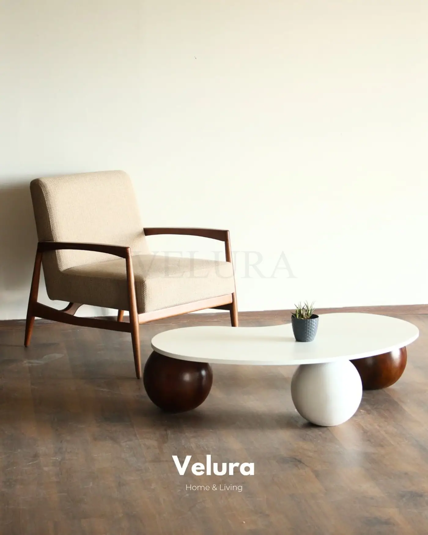 Ceviz ve Beyaz MDF Orta Sehpa Velura Home küre ayaklı ahşap sehpa