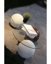 Küre Orta Sehpa - 2 Beyaz Top & 1 Ceviz Top - Fasulye - Şeffaf Cam