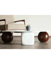 Küre Orta Sehpa - 2 Ceviz Top & 1 Beyaz Zar - Fasulye - Beyaz Mdf