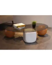 Küre Orta Sehpa - 2 Meşe Top & 1 Beyaz Zar - Fasulye - Füme Cam