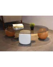 Küre Orta Sehpa - 2 Meşe Top & 1 Beyaz Zar - Fasulye - Füme Cam