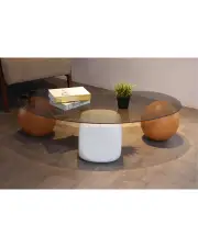 Küre Orta Sehpa - 2 Meşe Top & 1 Beyaz Zar - Fasulye - Füme Cam