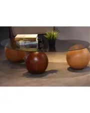 Küre Orta Sehpa - 2 Meşe Top & 1 Ceviz Top - Fasulye - Füme Cam