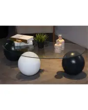 Küre Orta Sehpa - 2 Siyah Top & 1 Beyaz Top - Fasulye - Şeffaf Cam