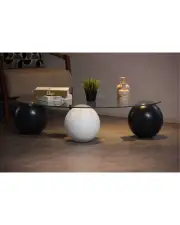 Küre Orta Sehpa - 2 Siyah Top & 1 Beyaz Top - Fasulye - Şeffaf Cam