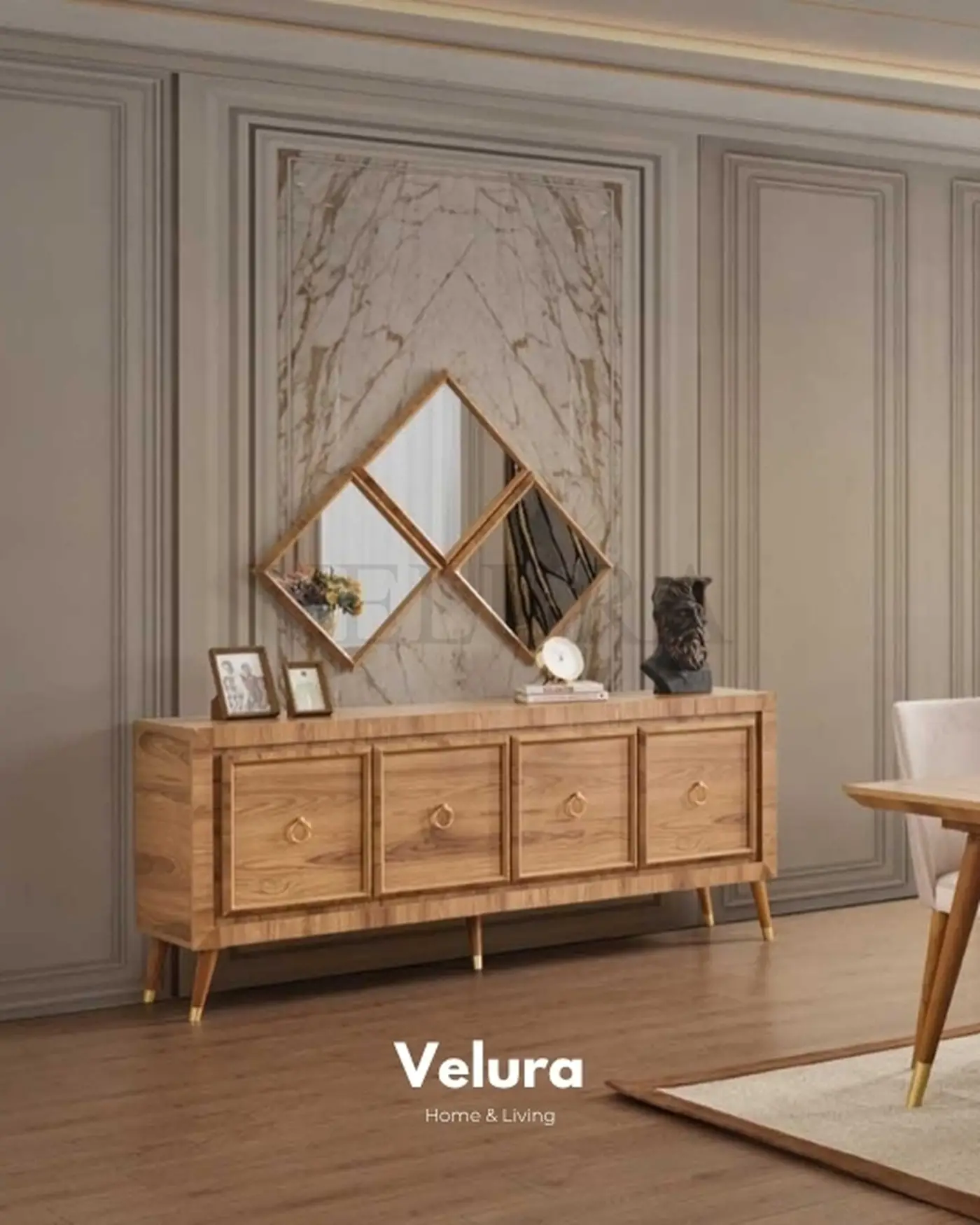 Velura Home Pablo Serisi Modern Konsol Modeli Gold Detaylı Yerden Yüksek Konsol Tasarımı