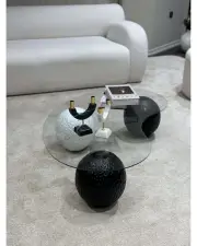 Küre Orta Sehpa - 2 Dragon (Siyah) & 1 Dragon (Beyaz) Top - Fasulye - Şeffaf Cam