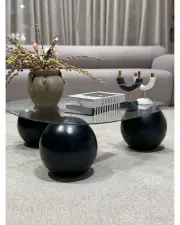 Küre Orta Sehpa - Siyah Top - Üçgen - Şeffaf Cam 
