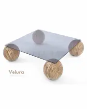 Küre Orta Sehpa - Traverten Mermer Top - Kare - Füme Cam