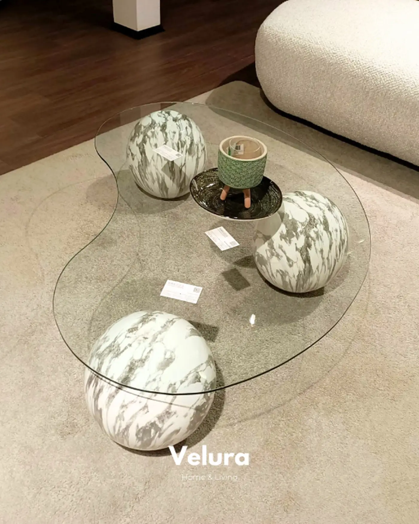 Velura Home Modern Orta Sehpa Beyaz Traverten Küre Orta Sehpa