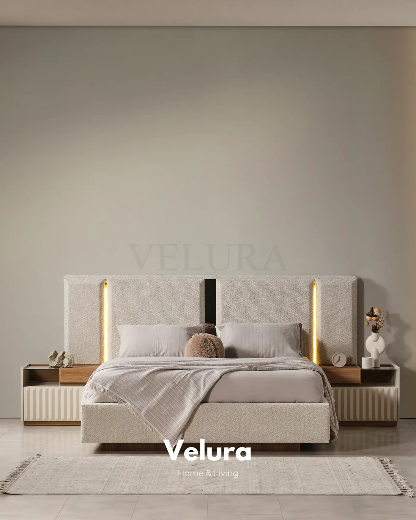 Alfa Karyola krem renk bazalı modern karyola genel görünüm