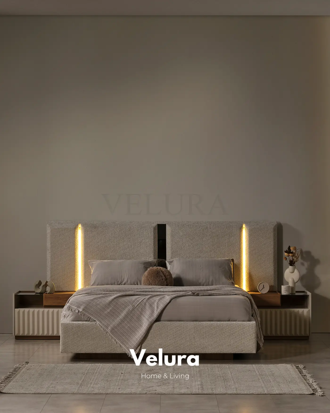 Alfa Karyola krem renk bazalı modern karyola genel görünüm