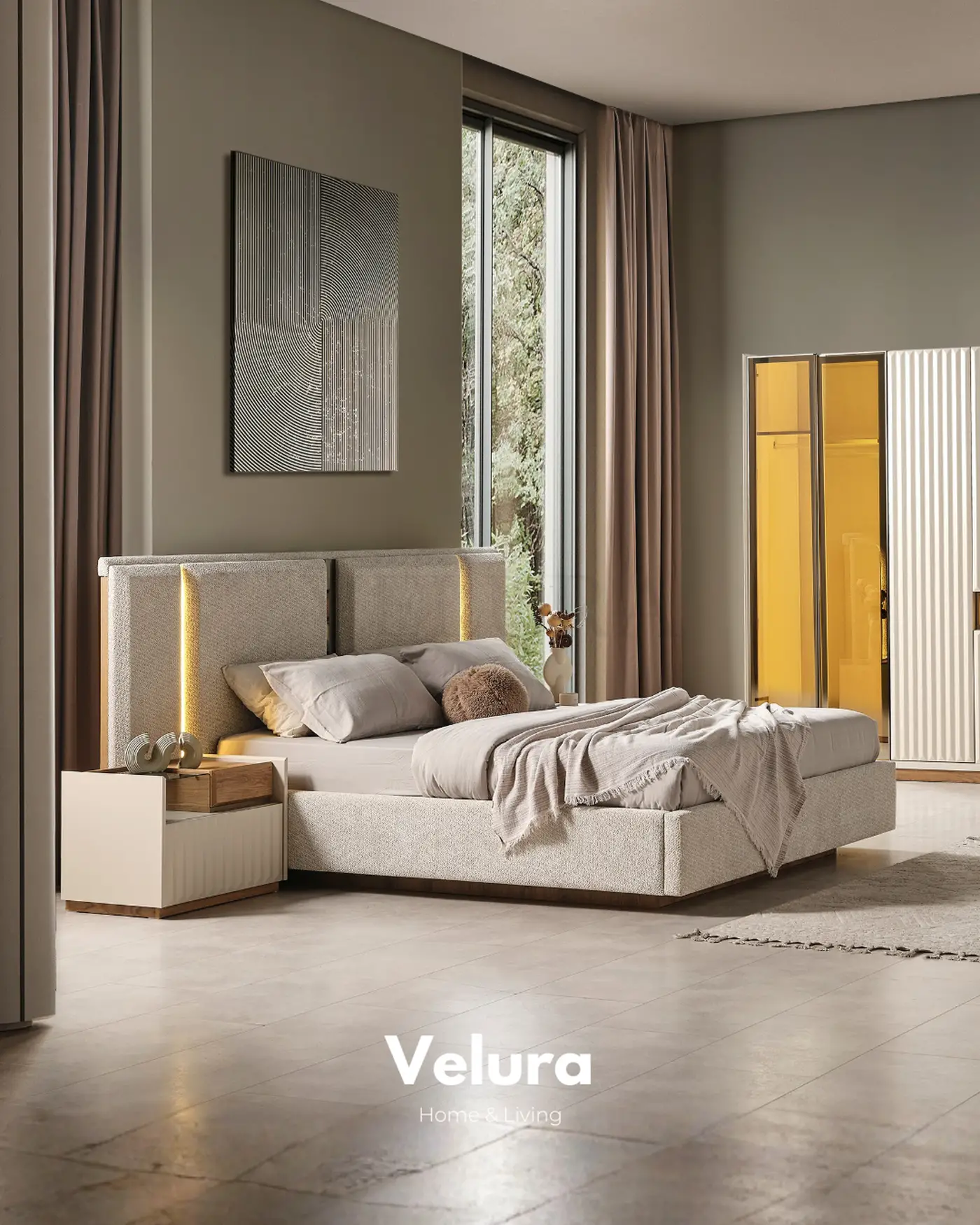 Alfa Karyola krem renk bazalı modern karyola genel görünüm