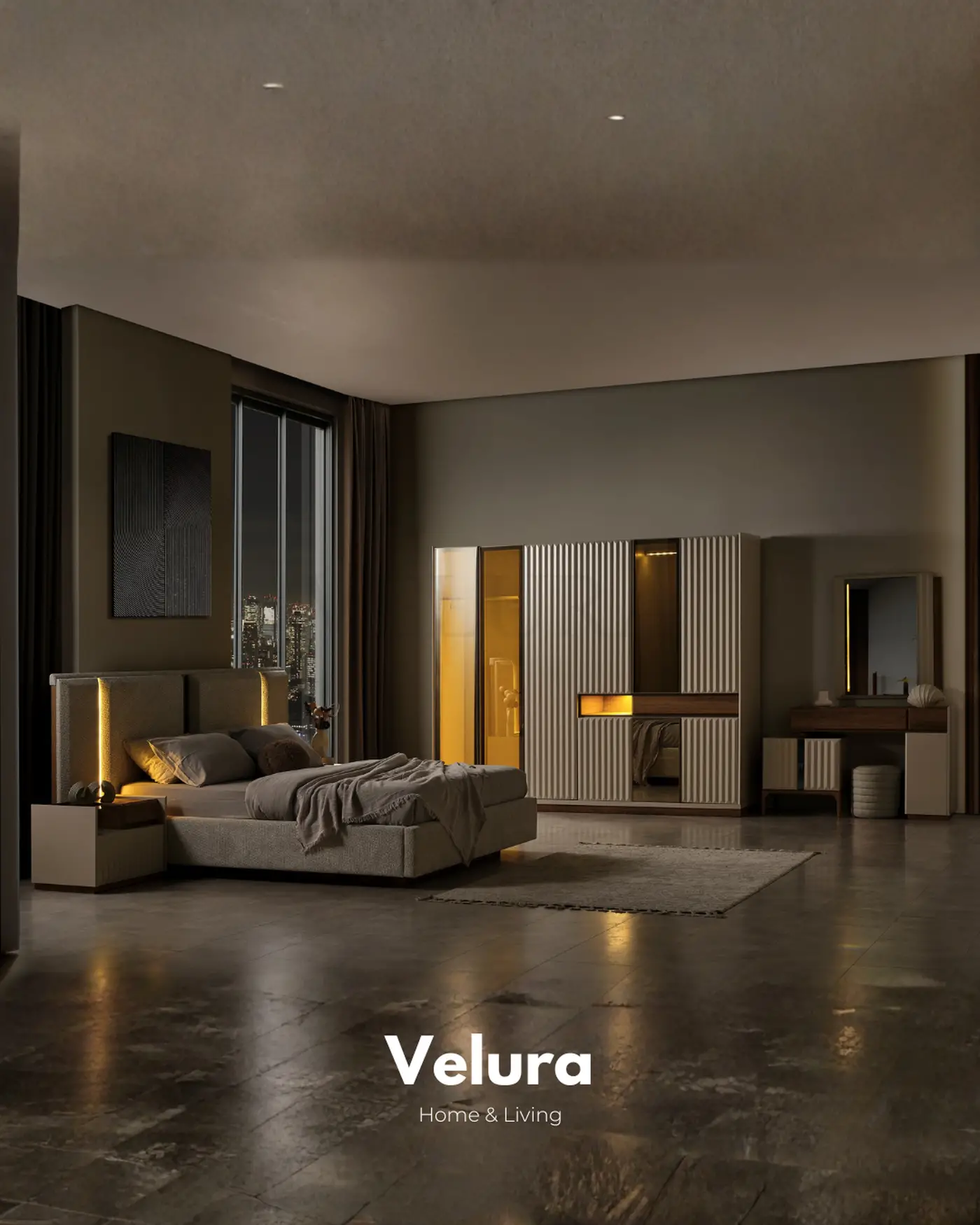 Alfa Karyola krem renk bazalı modern karyola genel görünüm